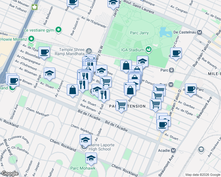 map of restaurants, bars, coffee shops, grocery stores, and more near 680 Avenue Ball in Montréal