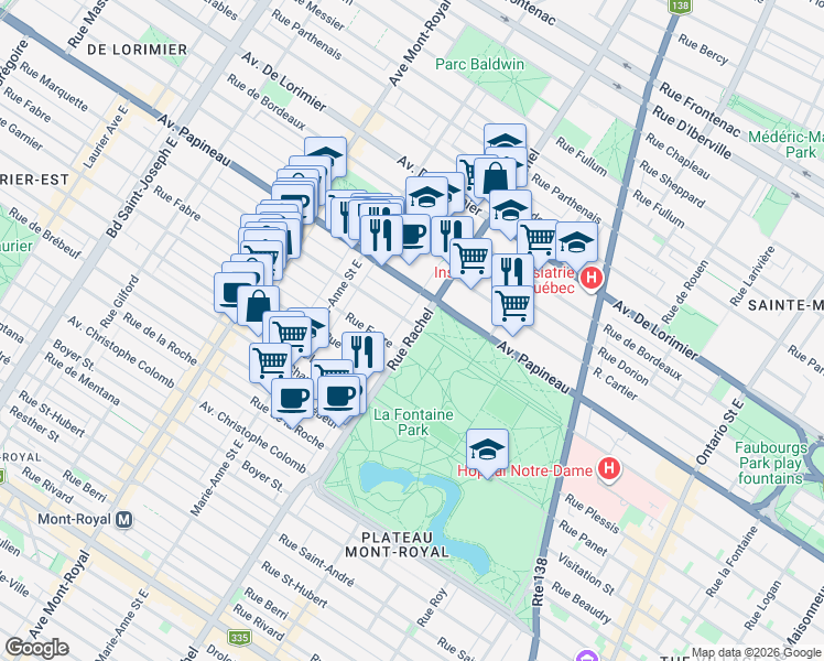 map of restaurants, bars, coffee shops, grocery stores, and more near 1595 Rue Rachel Est in Montreal