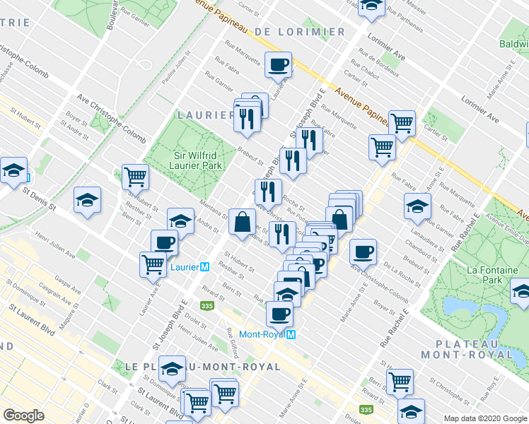map of restaurants, bars, coffee shops, grocery stores, and more near 4810 Avenue Christophe-Colomb in Montréal