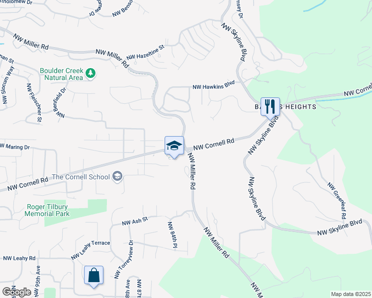 map of restaurants, bars, coffee shops, grocery stores, and more near NW Cornell Rd & NW Miller Rd in Portland