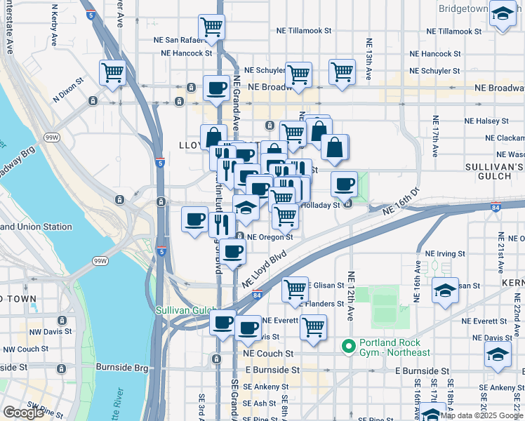 map of restaurants, bars, coffee shops, grocery stores, and more near 650 Northeast Holladay Street in Portland