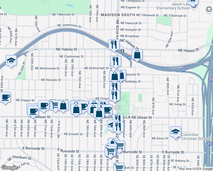 map of restaurants, bars, coffee shops, grocery stores, and more near 915 Northeast 81st Avenue in Portland