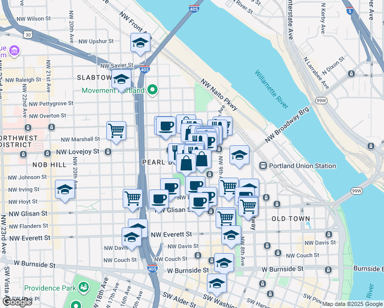 map of restaurants, bars, coffee shops, grocery stores, and more near 931 Northwest 11th Avenue in Portland