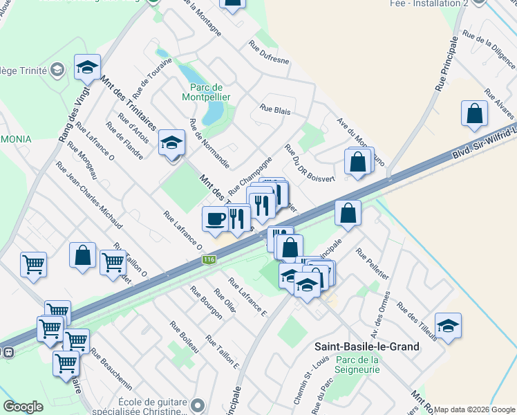 map of restaurants, bars, coffee shops, grocery stores, and more near 183 Boulevard Sir-Wilfrid-Laurier in Saint-Basile-le-Grand