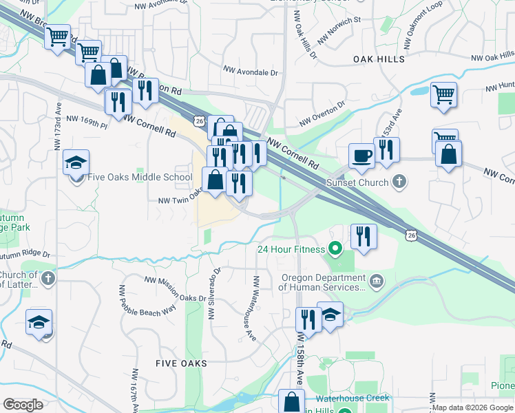 map of restaurants, bars, coffee shops, grocery stores, and more near 1500 Northwest Bethany Boulevard in Beaverton