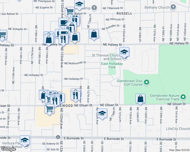 map of restaurants, bars, coffee shops, grocery stores, and more near 913 Northeast 128th Avenue in Portland