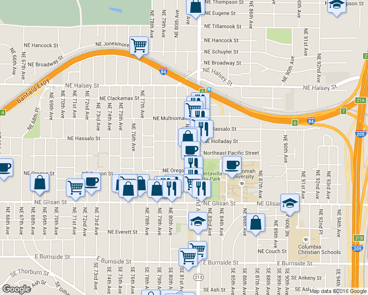 map of restaurants, bars, coffee shops, grocery stores, and more near 915 Northeast 81st Avenue in Portland