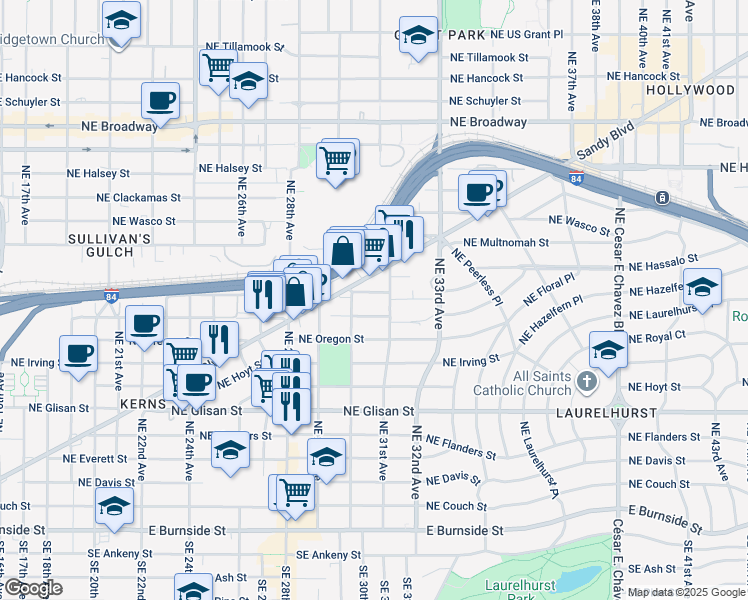 map of restaurants, bars, coffee shops, grocery stores, and more near 3010 Northeast Holladay Street in Portland