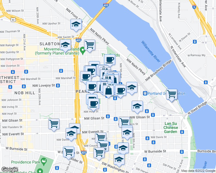 map of restaurants, bars, coffee shops, grocery stores, and more near 922 Northwest 11th Avenue in Portland