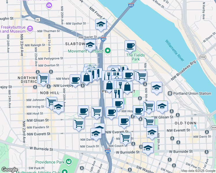 map of restaurants, bars, coffee shops, grocery stores, and more near 1599 Northwest Kearney Street in Portland