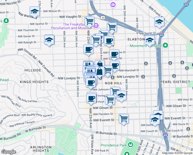 map of restaurants, bars, coffee shops, grocery stores, and more near in Portland