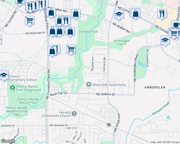 map of restaurants, bars, coffee shops, grocery stores, and more near 1340 Northeast 85th Court in Hillsboro