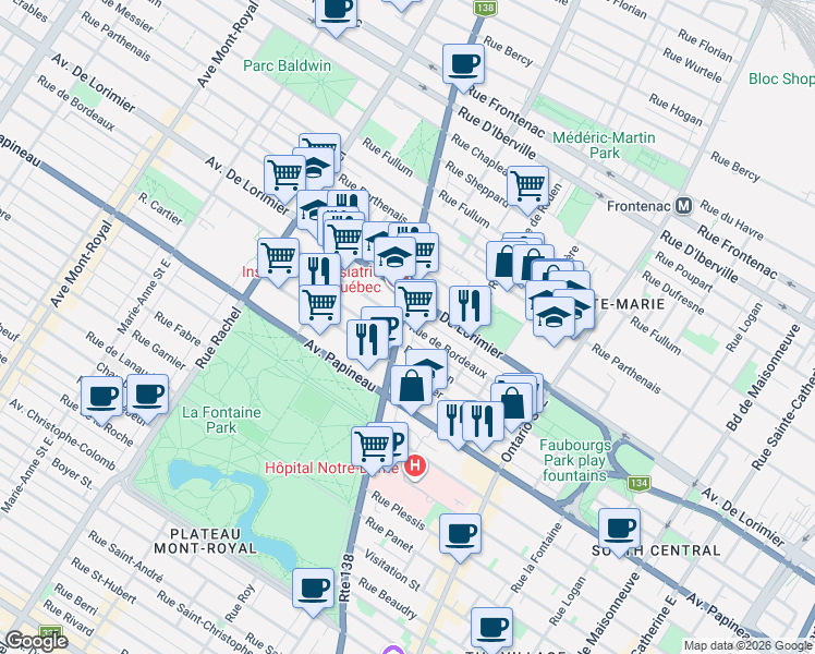 map of restaurants, bars, coffee shops, grocery stores, and more near 1994 Rue Sherbrooke Est in Montréal