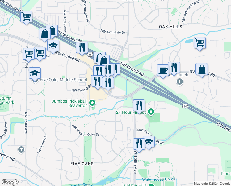 map of restaurants, bars, coffee shops, grocery stores, and more near 1500 Northwest Bethany Boulevard in Beaverton