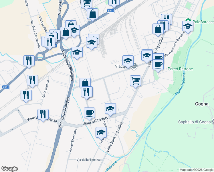 map of restaurants, bars, coffee shops, grocery stores, and more near 11 Via del Progresso in Vicenza
