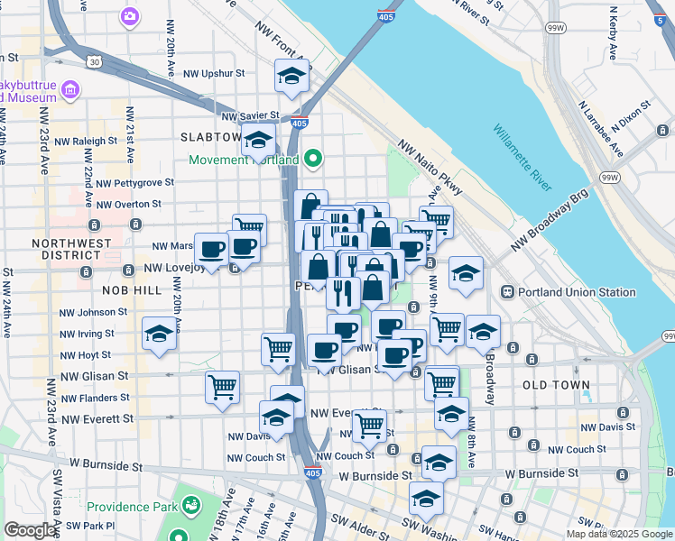map of restaurants, bars, coffee shops, grocery stores, and more near in Portland