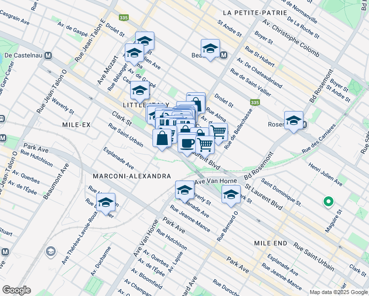 map of restaurants, bars, coffee shops, grocery stores, and more near 6392 Boulevard Saint-Laurent in Montréal