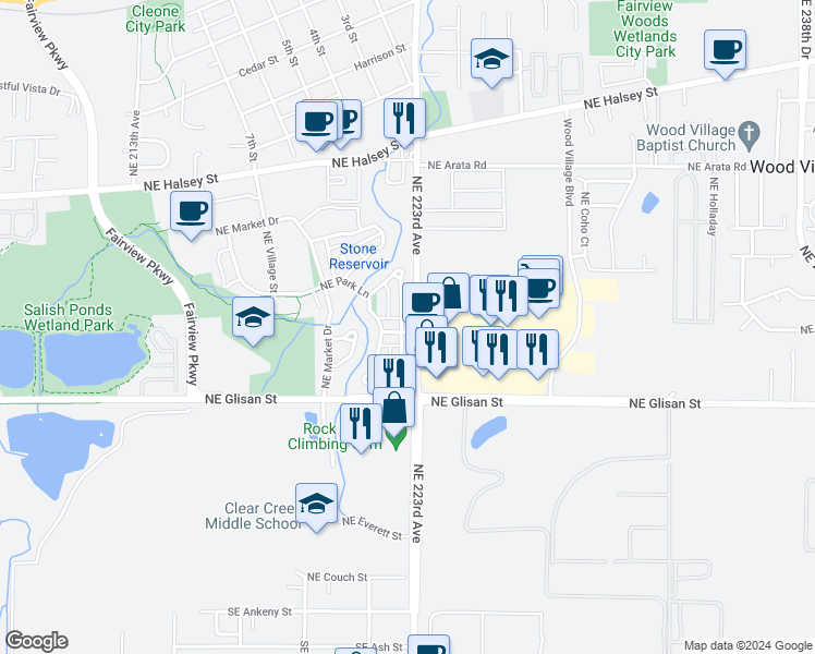 map of restaurants, bars, coffee shops, grocery stores, and more near 1012 Northeast Multnomah Drive in Fairview