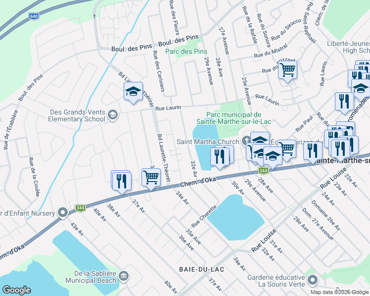 map of restaurants, bars, coffee shops, grocery stores, and more near 224 32e Avenue in Sainte-Marthe-sur-le-Lac