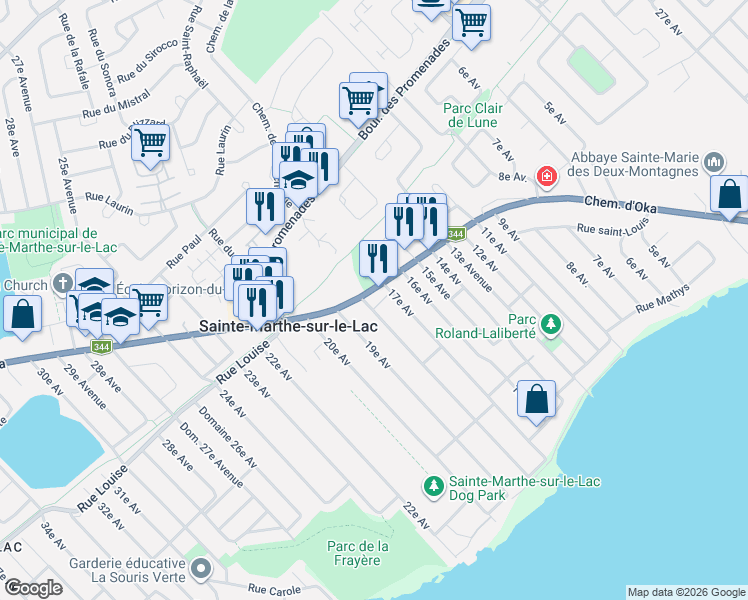 map of restaurants, bars, coffee shops, grocery stores, and more near 2956 Chemin d'Oka in Sainte-Marthe-sur-le-Lac