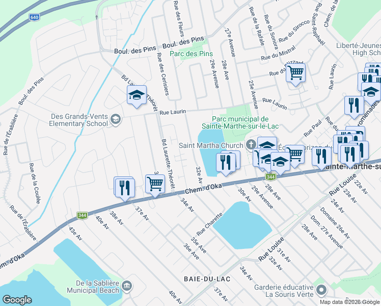 map of restaurants, bars, coffee shops, grocery stores, and more near 224 32e Avenue in Sainte-Marthe-sur-le-Lac