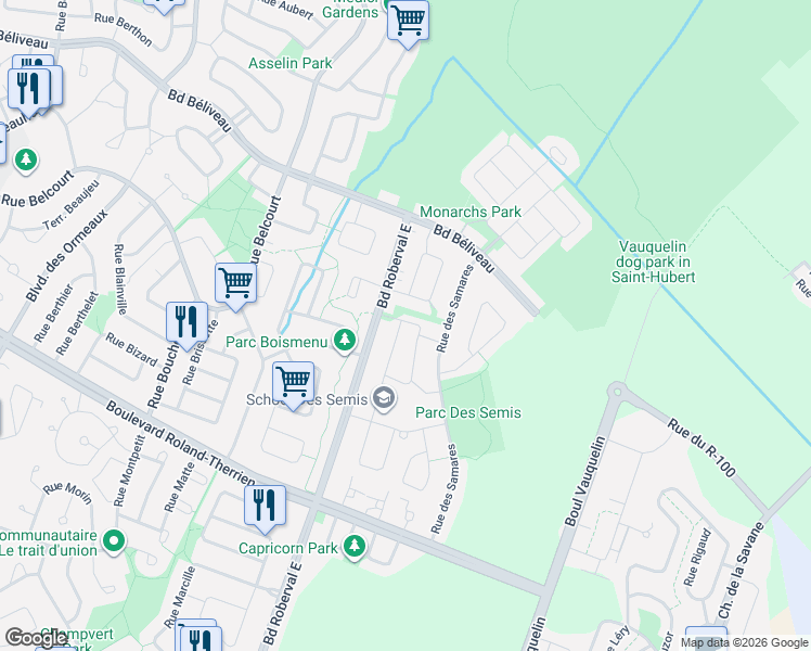 map of restaurants, bars, coffee shops, grocery stores, and more near 3500 Rue des Stellaires in Longueuil