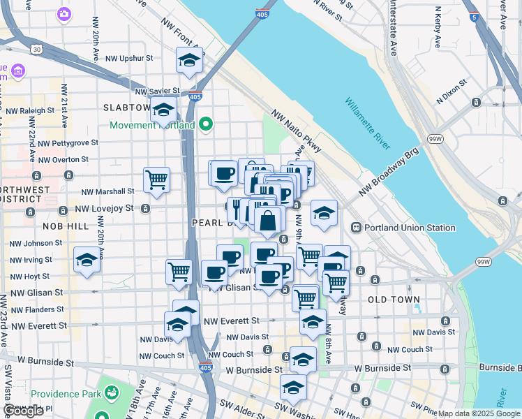 map of restaurants, bars, coffee shops, grocery stores, and more near 1102 Northwest Lovejoy Street in Portland