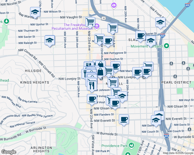 map of restaurants, bars, coffee shops, grocery stores, and more near 2240 Northwest Lovejoy Street in Portland