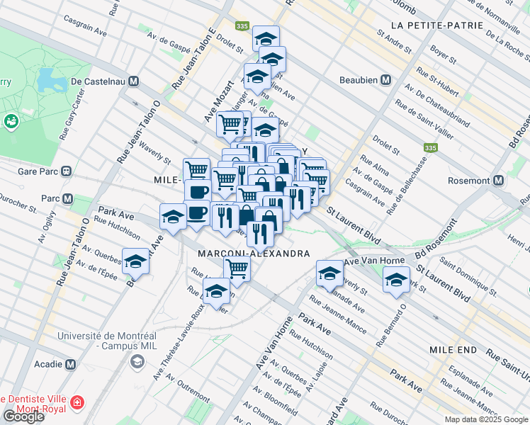 map of restaurants, bars, coffee shops, grocery stores, and more near in Montreal