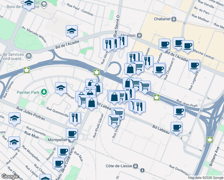 map of restaurants, bars, coffee shops, grocery stores, and more near 60 Place de la Côte-Vertu in Montréal