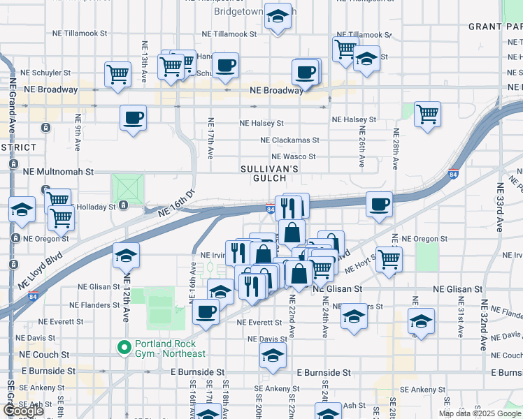 map of restaurants, bars, coffee shops, grocery stores, and more near Banfield Expy in Portland