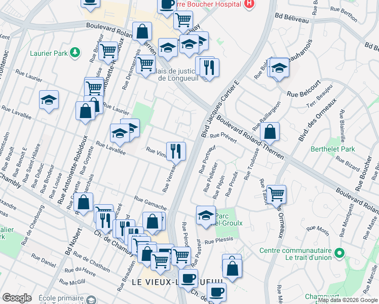 map of restaurants, bars, coffee shops, grocery stores, and more near 397 Boulevard Jacques-Cartier Est in Longueuil