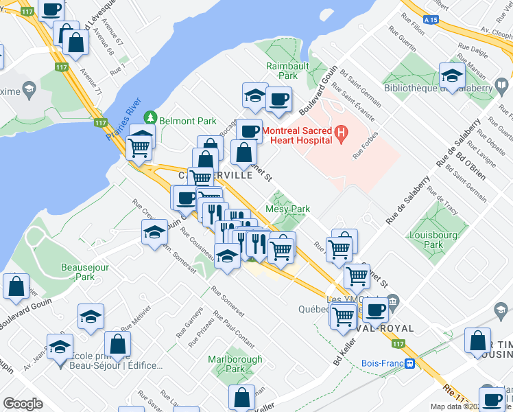 map of restaurants, bars, coffee shops, grocery stores, and more near 12201 Rue Lachapelle in Montréal
