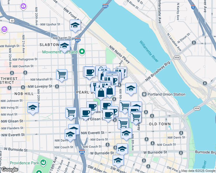 map of restaurants, bars, coffee shops, grocery stores, and more near in Portland