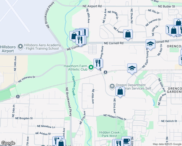 map of restaurants, bars, coffee shops, grocery stores, and more near 4800 Northeast Belknap Court in Hillsboro