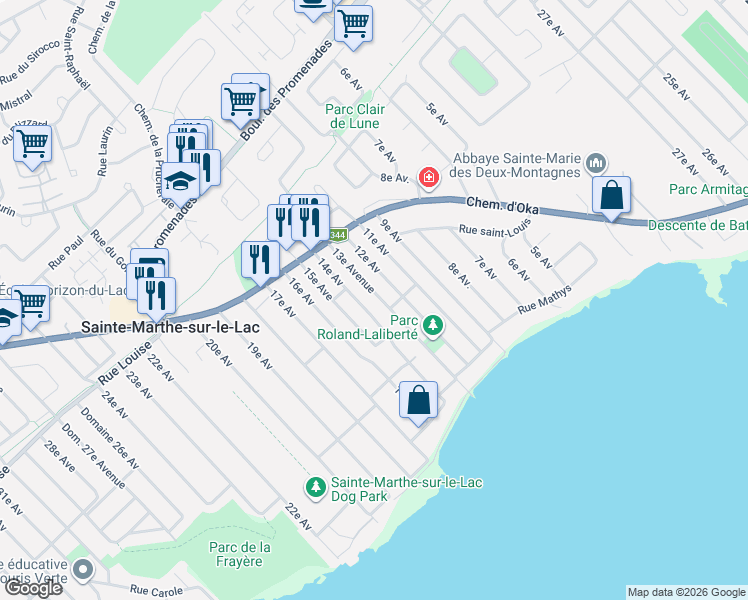 map of restaurants, bars, coffee shops, grocery stores, and more near 56 13e Avenue in Sainte-Marthe-sur-le-Lac
