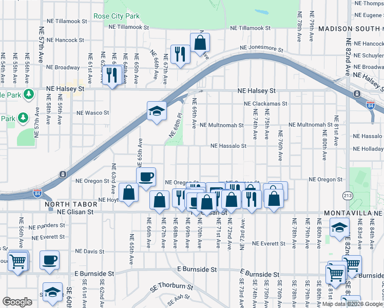 map of restaurants, bars, coffee shops, grocery stores, and more near 6909 Northeast Pacific Street in Portland