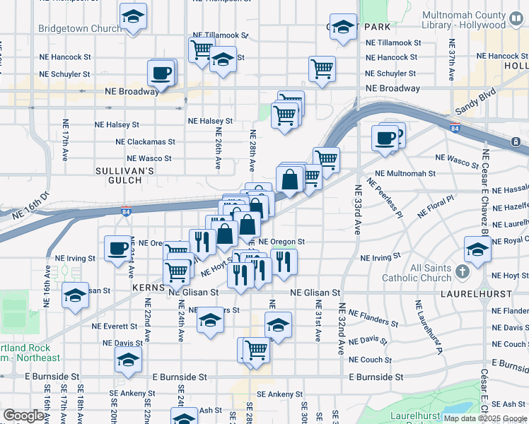 map of restaurants, bars, coffee shops, grocery stores, and more near in Portland