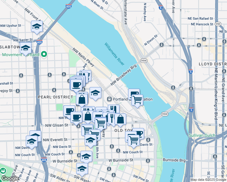 map of restaurants, bars, coffee shops, grocery stores, and more near 103 Northwest Ironside Terrace in Portland