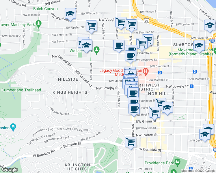 map of restaurants, bars, coffee shops, grocery stores, and more near 2424 Northwest Lovejoy Street in Portland