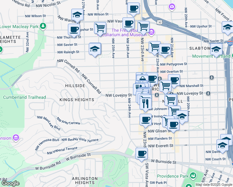 map of restaurants, bars, coffee shops, grocery stores, and more near 933 Northwest 25th Avenue in Portland
