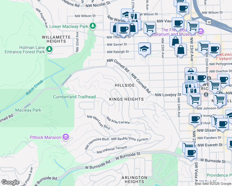 map of restaurants, bars, coffee shops, grocery stores, and more near 2828 Northwest Cumberland Road in Portland