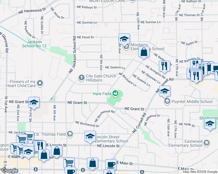 map of restaurants, bars, coffee shops, grocery stores, and more near 735 Northeast Delsey Road in Hillsboro
