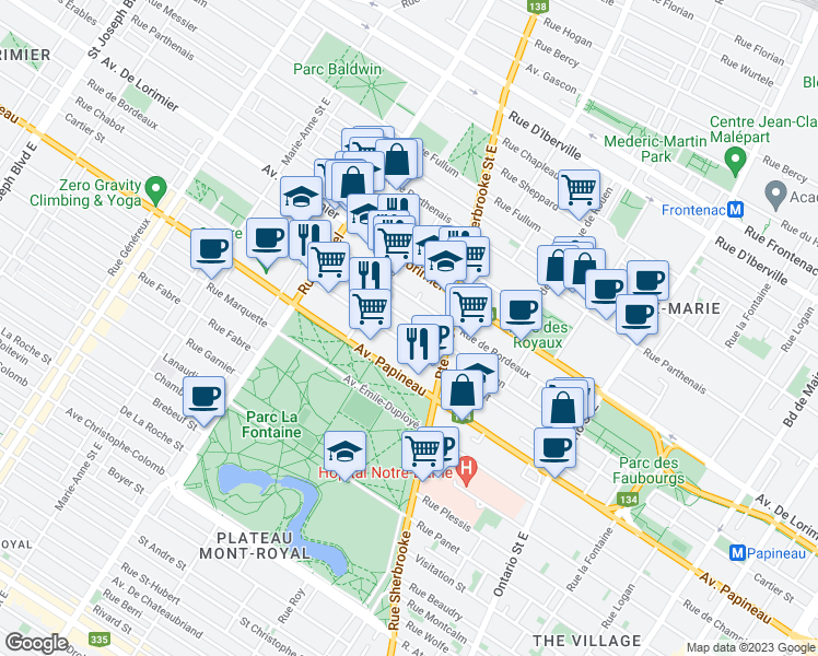 map of restaurants, bars, coffee shops, grocery stores, and more near 3500 Rue Dorion in Montréal