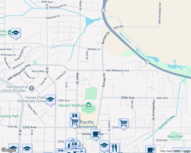 map of restaurants, bars, coffee shops, grocery stores, and more near 2131 Babbitt Court in Forest Grove