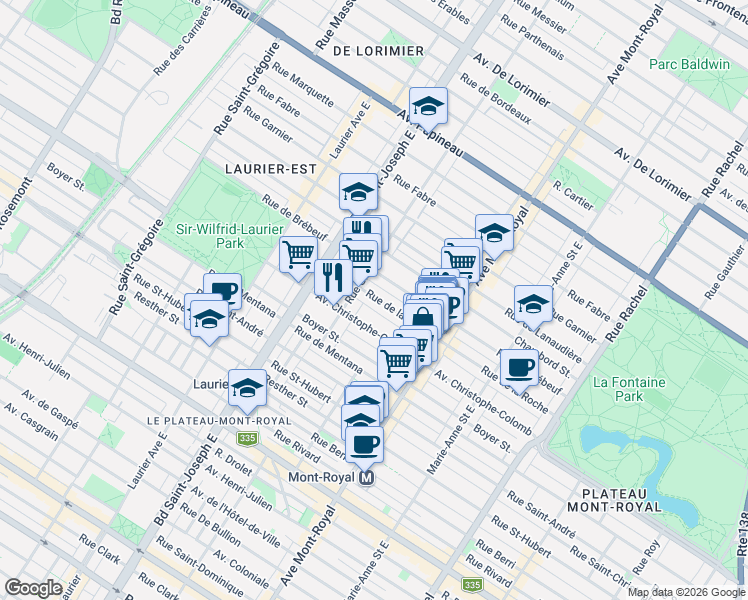 map of restaurants, bars, coffee shops, grocery stores, and more near 4692 Rue de la Roche in Montréal