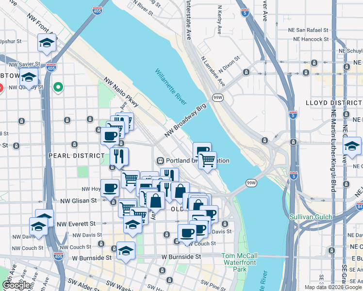 map of restaurants, bars, coffee shops, grocery stores, and more near 899 Northwest Naito Parkway in Portland