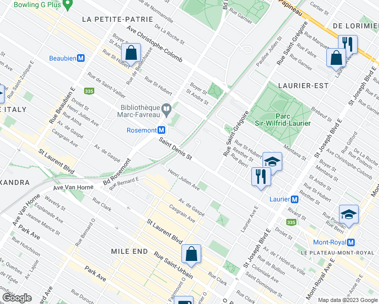 map of restaurants, bars, coffee shops, grocery stores, and more near 5559 Rue Saint-Denis in Montréal