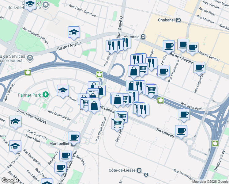 map of restaurants, bars, coffee shops, grocery stores, and more near 60 Place de la Côte-Vertu in Montréal