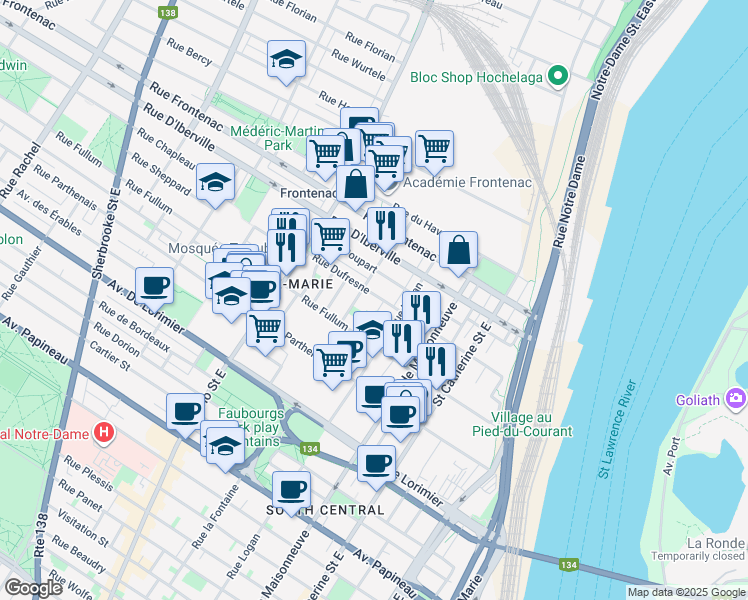 map of restaurants, bars, coffee shops, grocery stores, and more near 1728 Rue Dufresne in Montréal